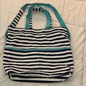 Retro Metro Thirty One Navy Blue Striped Tote Bag with Teal Accents